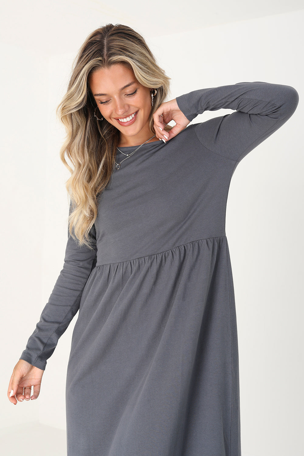 Brave Soul Grey Cotton Long Sleeve Midi Smock Dress - Grey Image 3