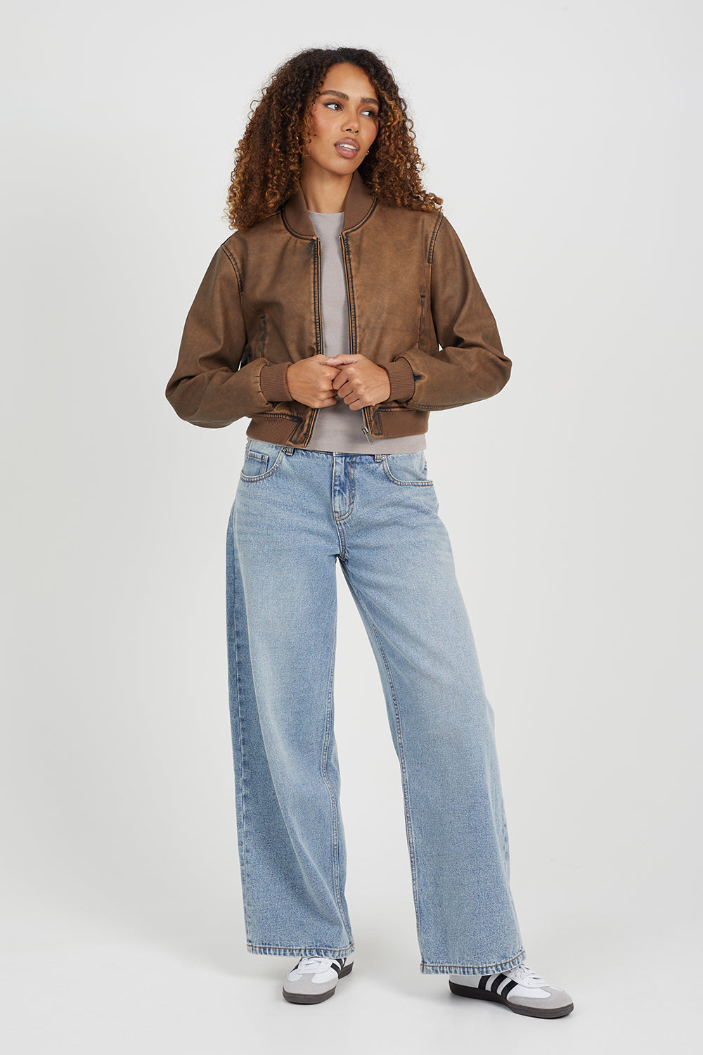 Brave Soul Brown Vintage PU Cropped Bomber Jacket - Brown Image 3