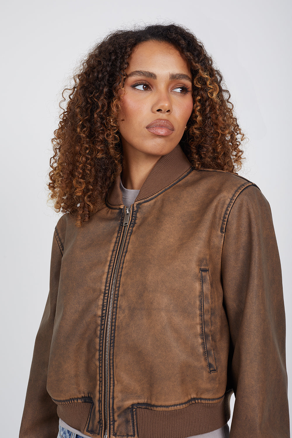 Brave Soul Brown Vintage PU Cropped Bomber Jacket - Brown Image 4