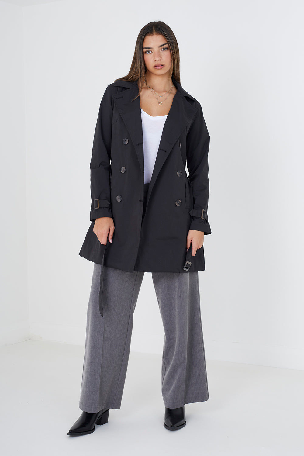 Brave Soul Black Double Breasted Short Trench Coat - Black Image 3
