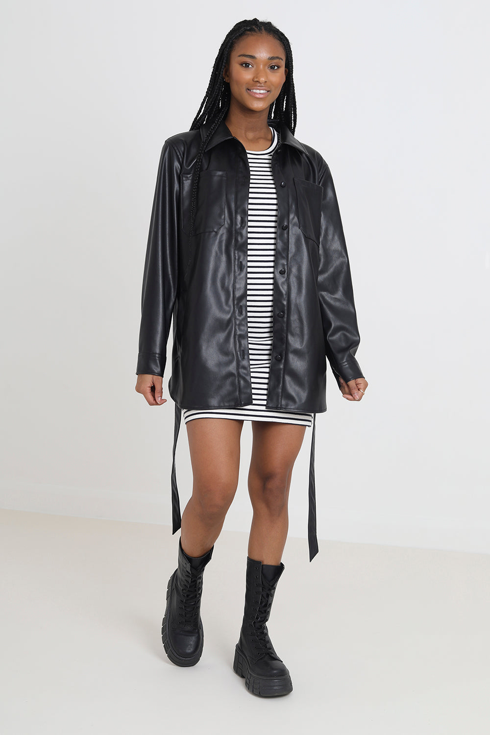 Brave Soul Black Faux Leather Self Tie Shacket - Black Image 3