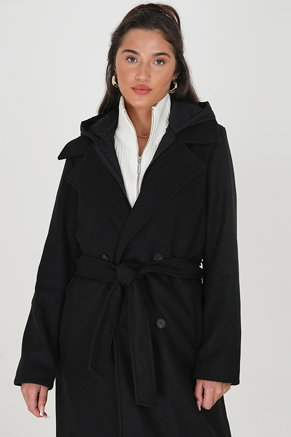 Brave Soul Black Faux Wool Maxi Hooded Trench Coat - Black Image 3