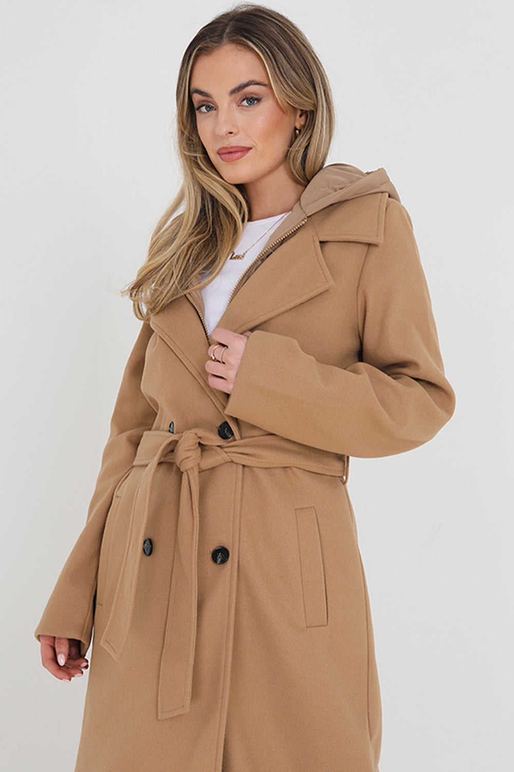 Brave Soul Camel Faux Wool Maxi Hooded Trench Coat - Camel Image 3