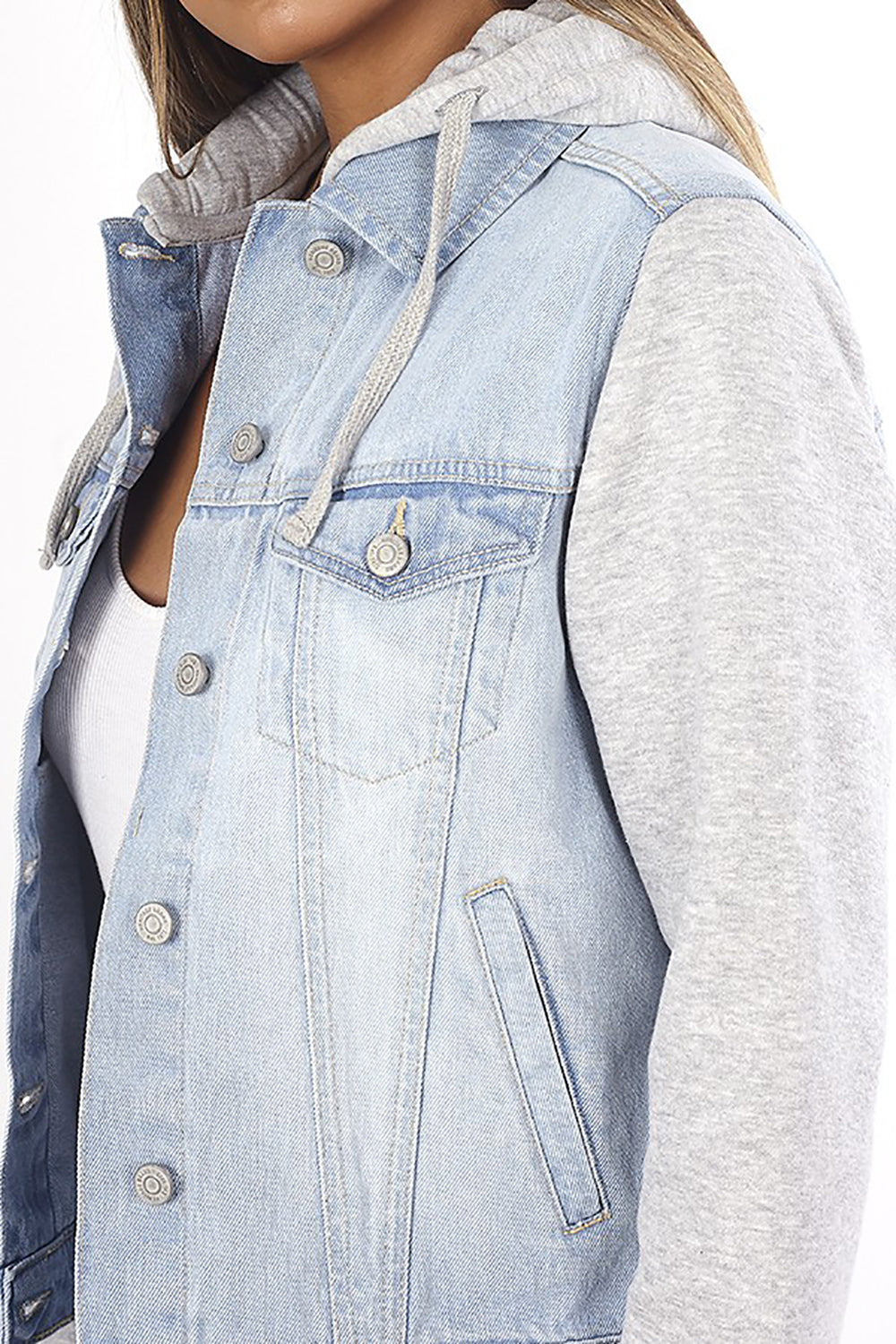 Brave Soul Off White Denim Jacket with Fleece Hood and Sleeves - Off White Image 3
