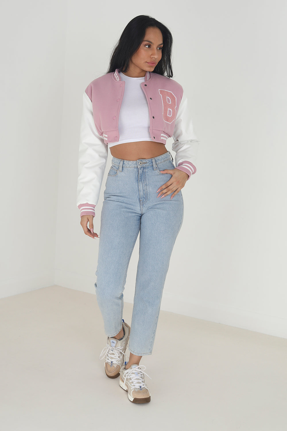 Brave Soul Pink Faux Wool Cropped Varsity Bomber Jacket - Pink Image 3