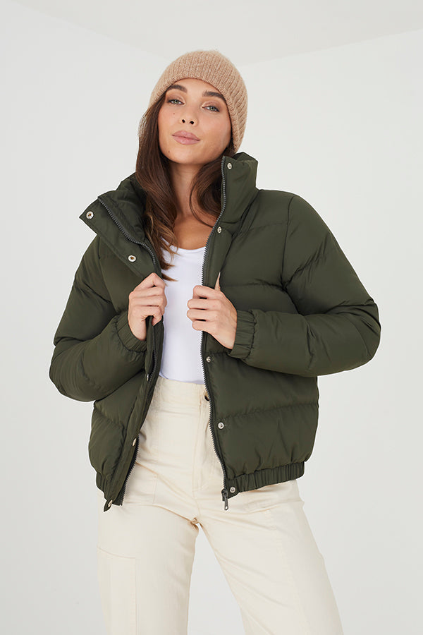 Brave Soul Khaki Funnel Neck Padded Puffer Jacket - Khaki Image 1
