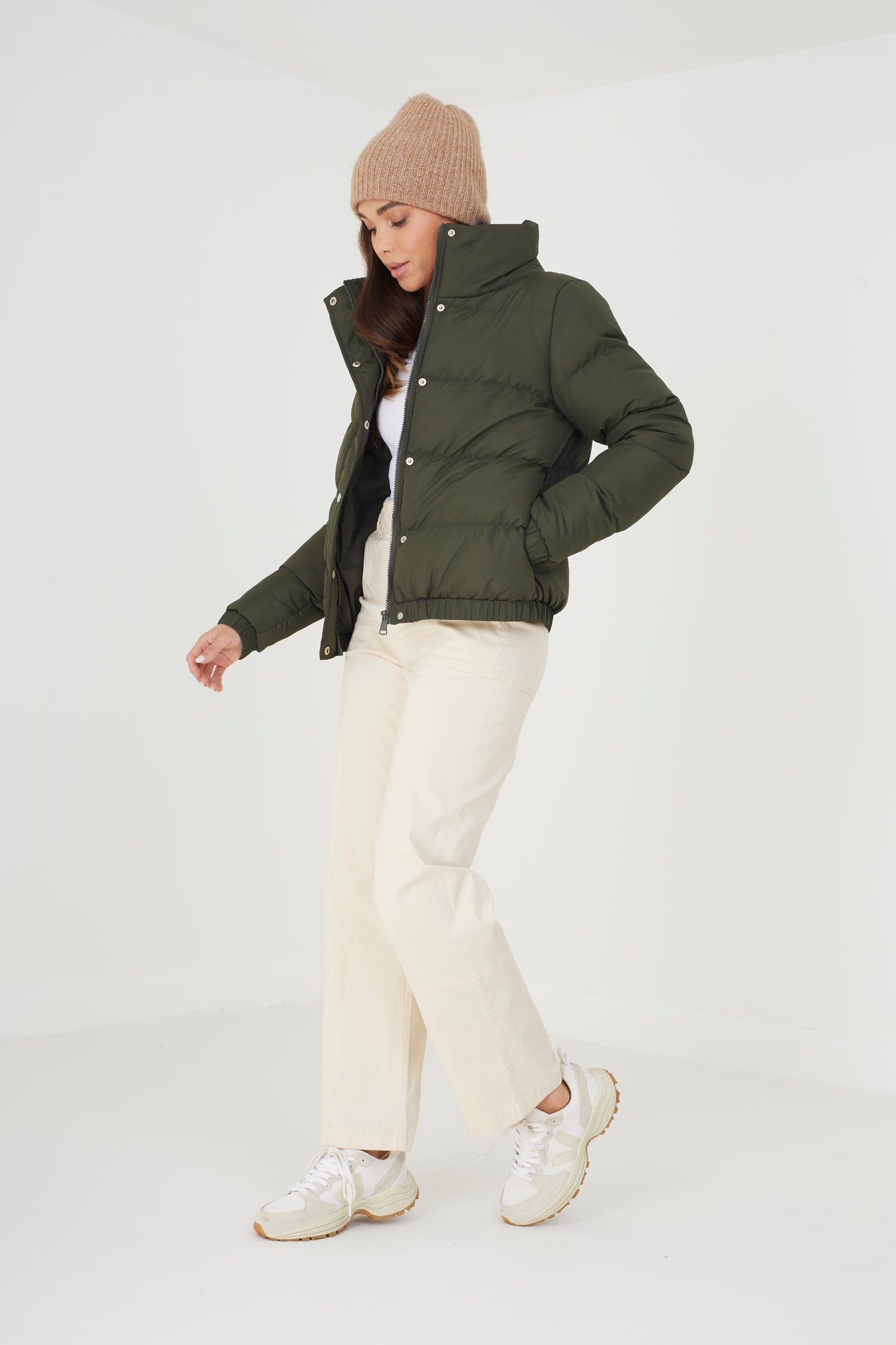 Brave Soul Khaki Funnel Neck Padded Puffer Jacket - Khaki Image 3