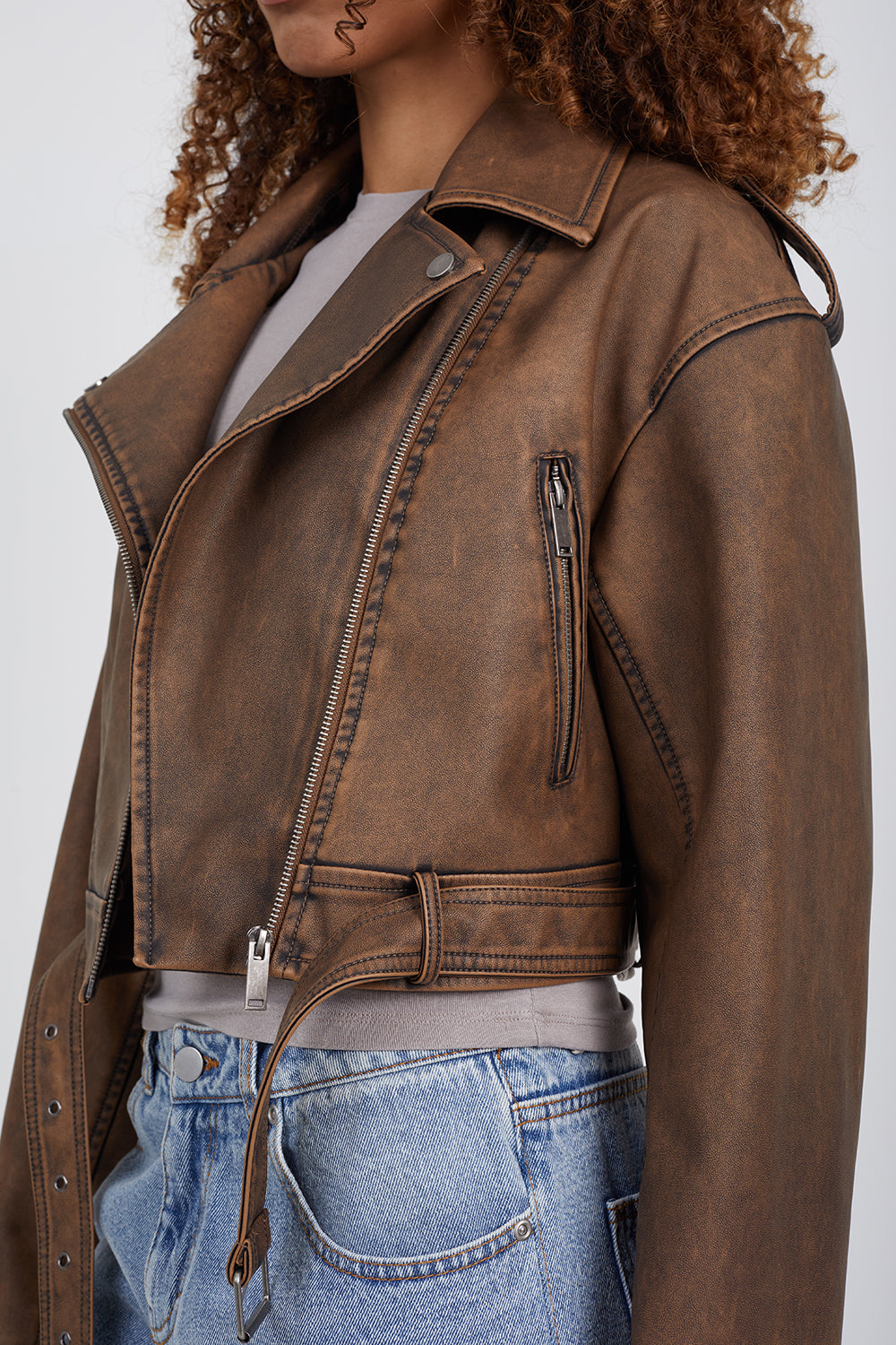 Brave Soul Brown Faux Leather Cropped Biker Jacket - Brown Image 4