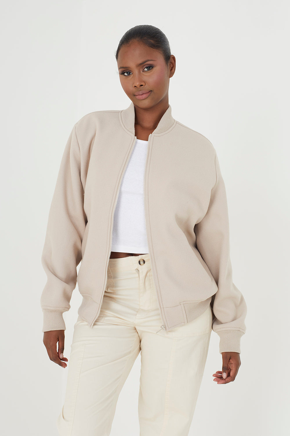 Brave Soul Beige Faux Wool Bomber Jacket - Beige Image 1