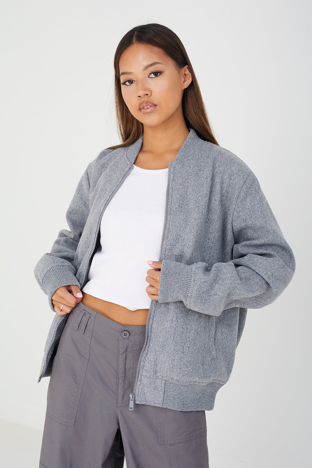 Brave Soul Grey Faux Wool Bomber Jacket - Grey Image 1