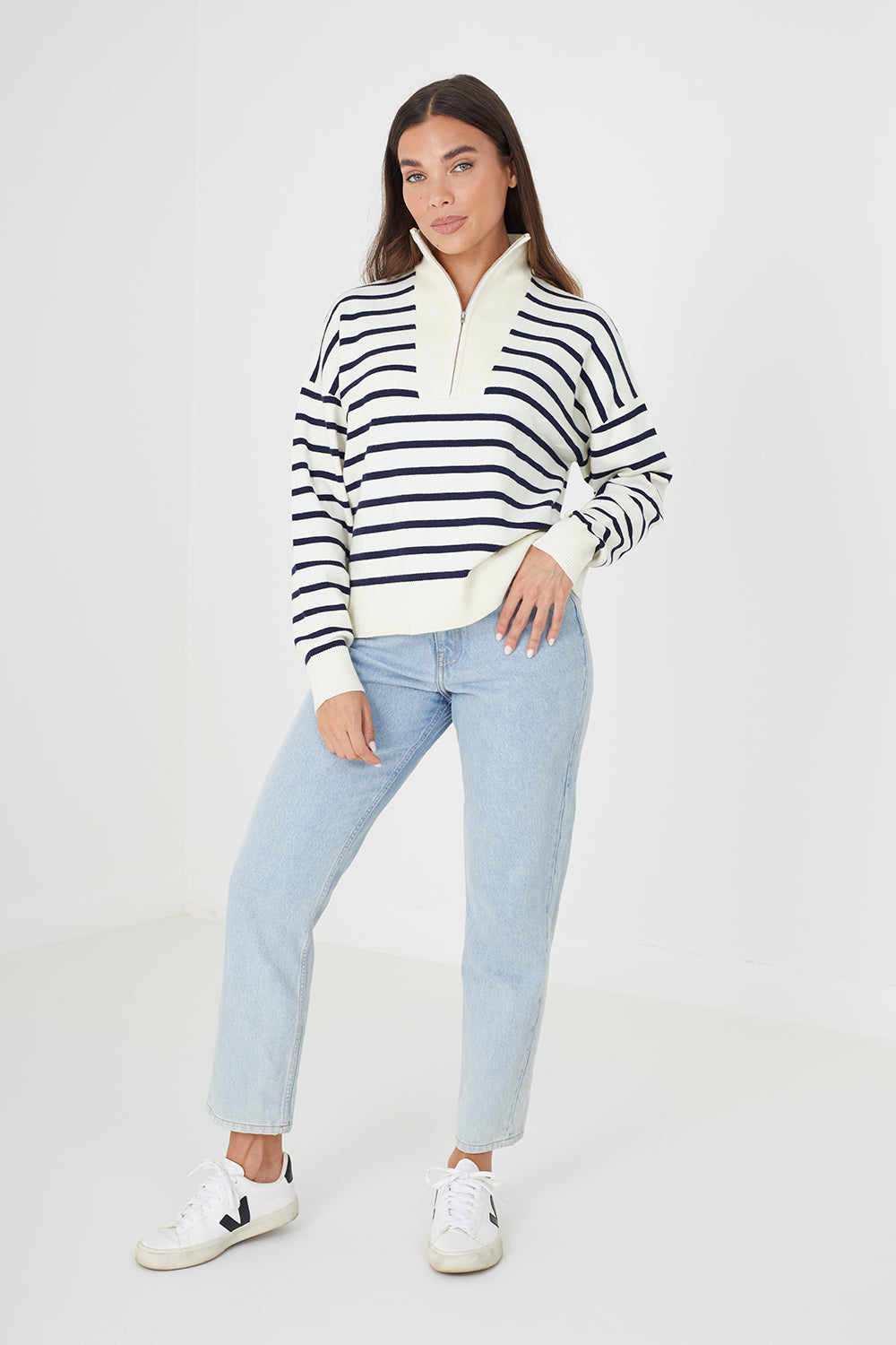 Brave Soul Ivory Striped 1/2 Zip Knitted Jumper - Ivory Image 3