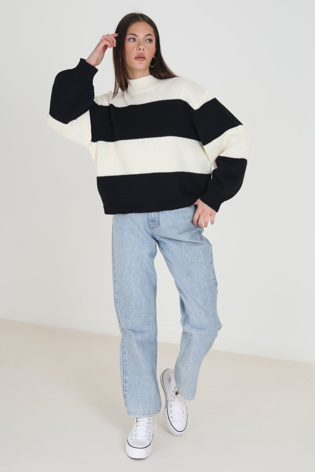 Brave Soul Black Crew Neck Striped Jumper With Balloon Sleeves - Black Image 3