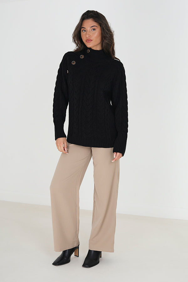 Brave Soul Black Turtle Neck Cable Knit Jumper With Button Detail - Black Image 3
