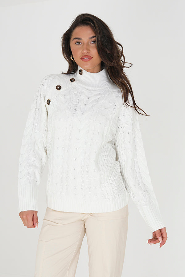 Brave Soul Ecru Turtle Neck Cable Knit Jumper With Button Detail - Ecru Image 3