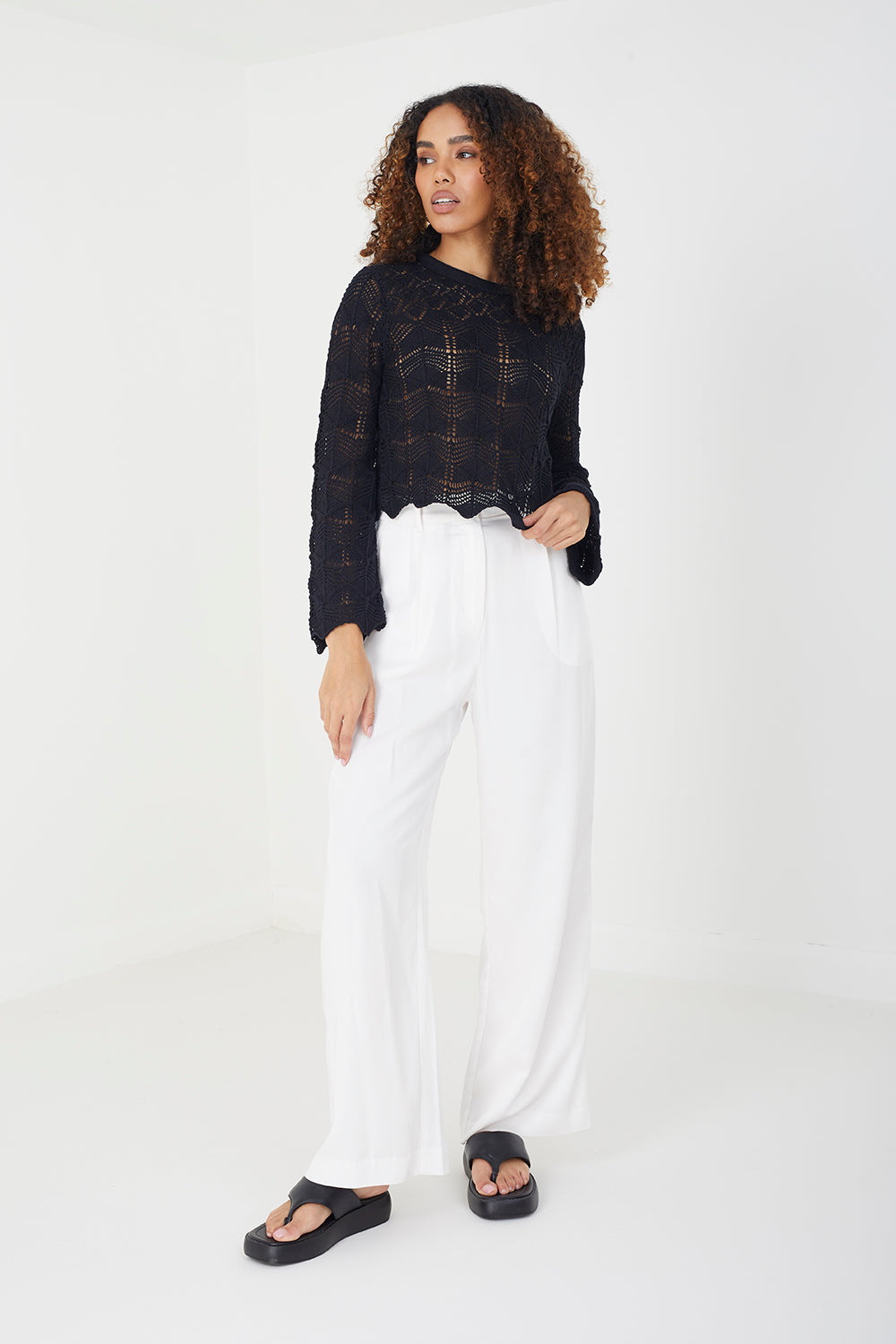 Brave Soul Black Cotton Pointelle Jumper - Black Image 3