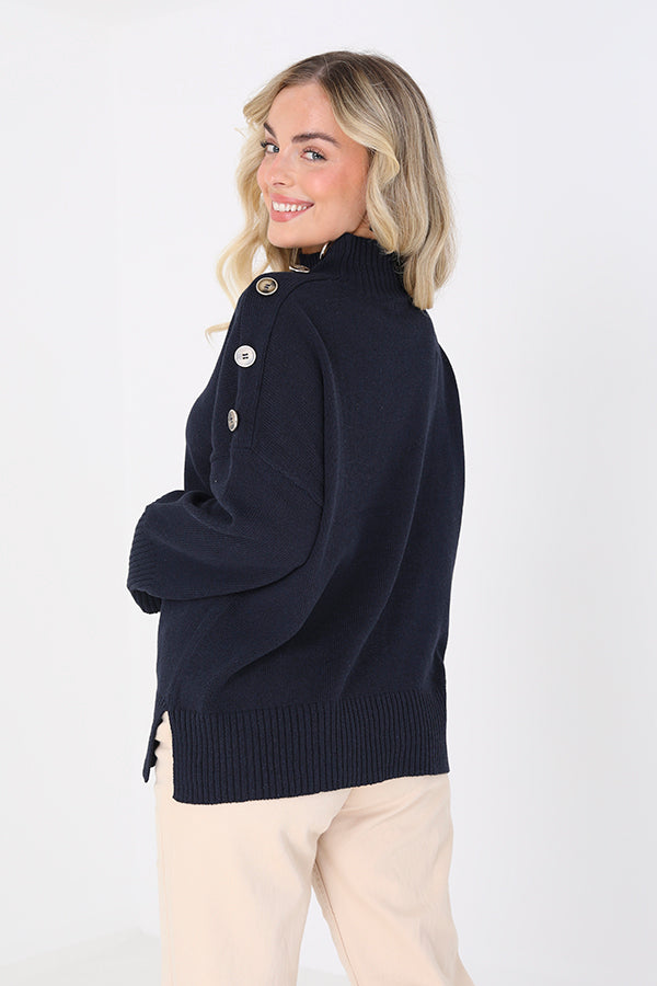 Brave Soul Navy Turtle Neck Jumper With Button Details - Navy Image 2