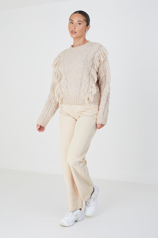Brave Soul Beige Crew Neck Tassel Jumper - Beige Image 3