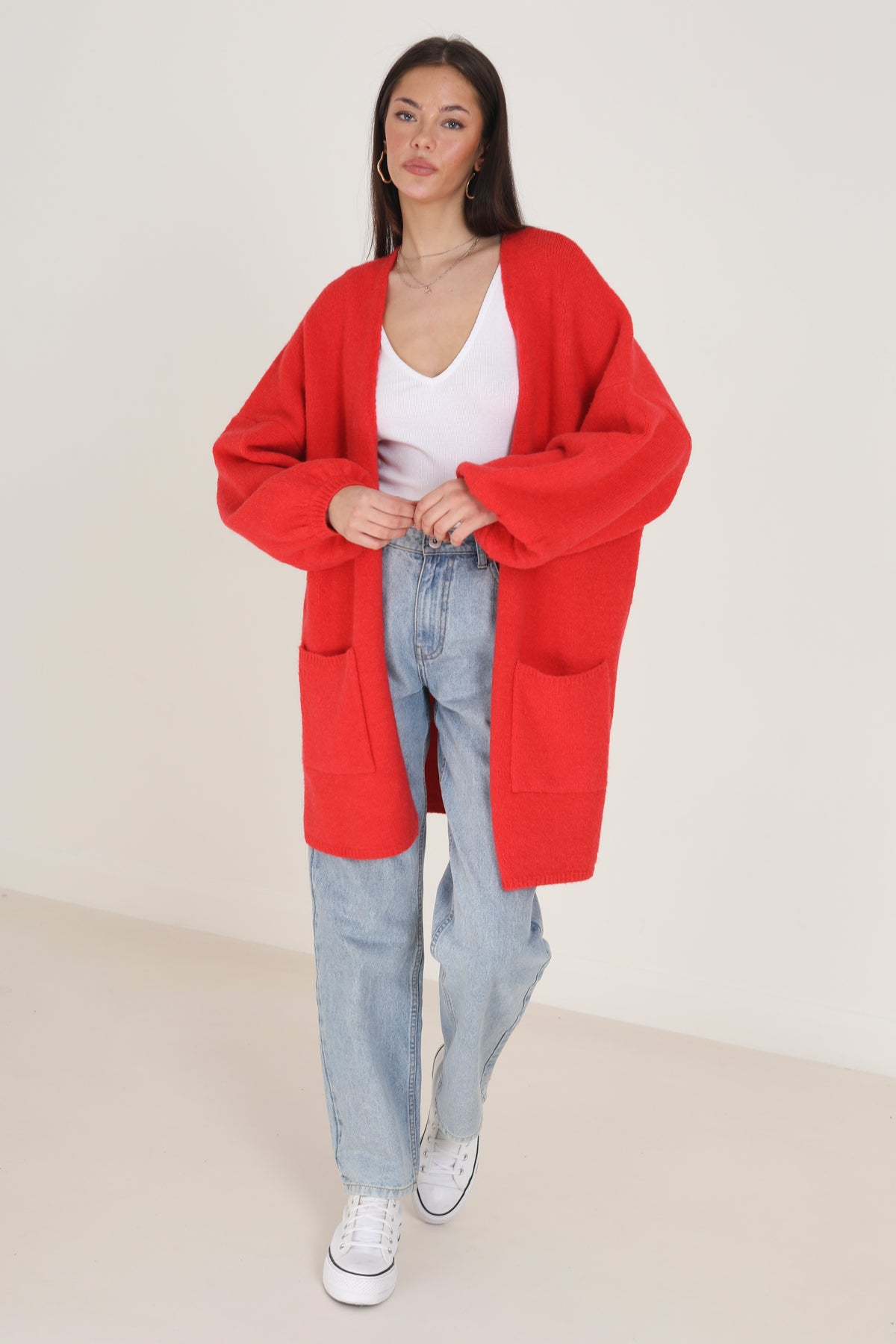 Brave Soul Red Oversized Cardigan With Balloon Sleeves - Red Image 3