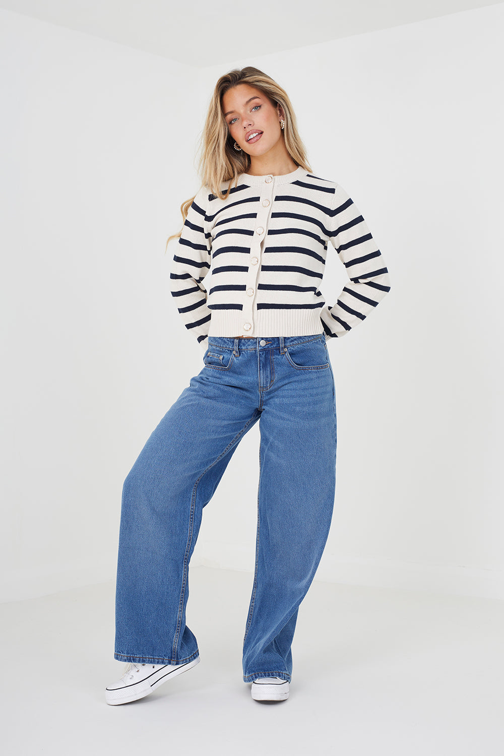 Brave Soul Ivory Striped Knitted Cardigan - Ivory Image 3
