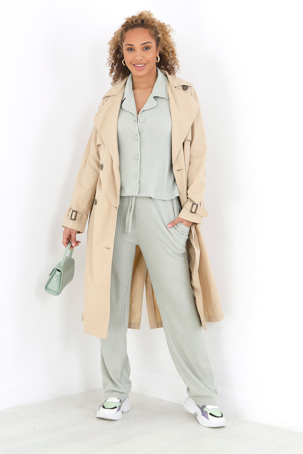Brave Soul Pale Green Waffle Button Shirt & Trouser Co Ord - Pale Green Image 2