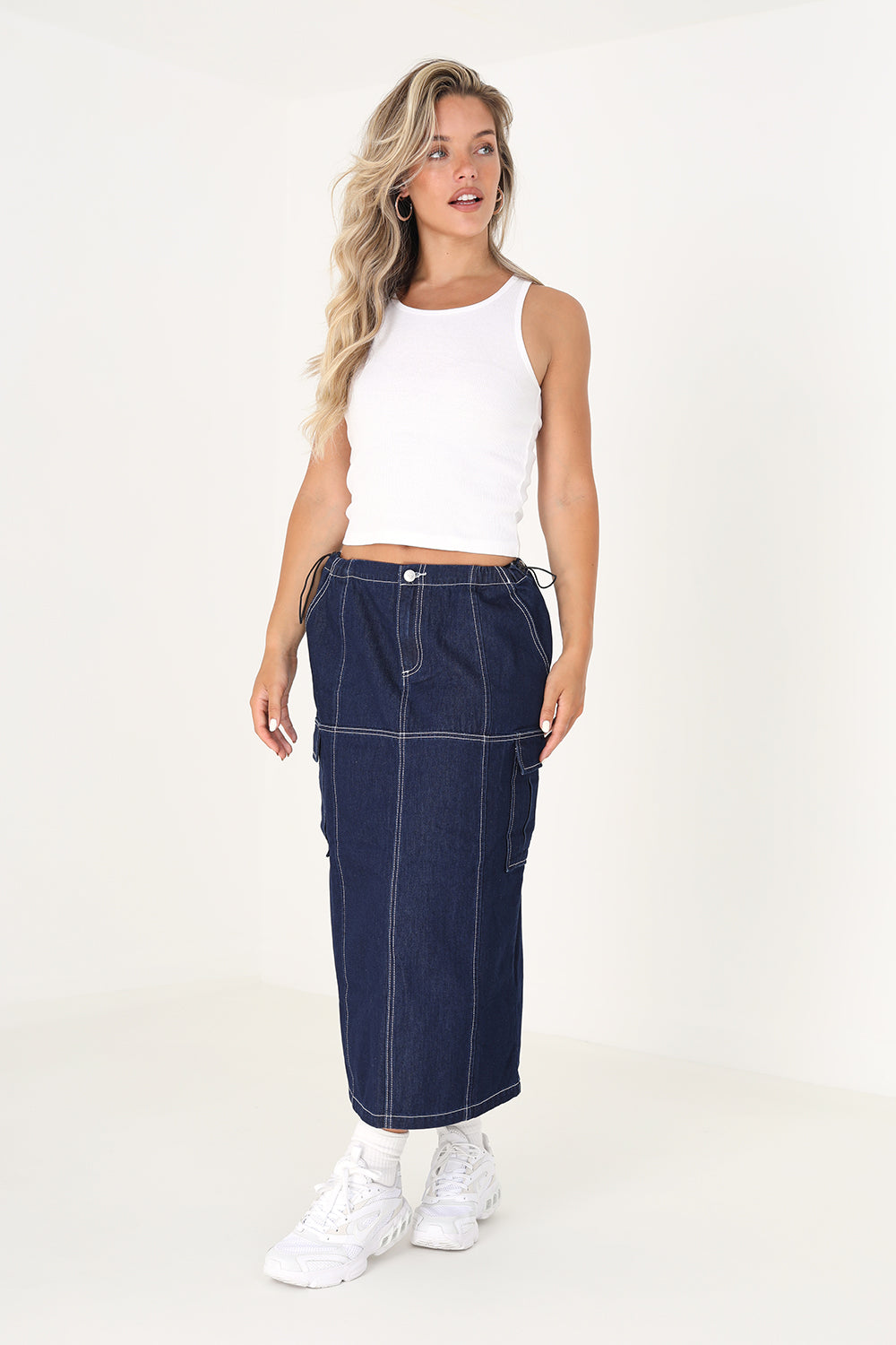 Brave Soul Indigo Denim Midi Skirt with Utility Pockets and Contrast Seams - Indigo Image 3