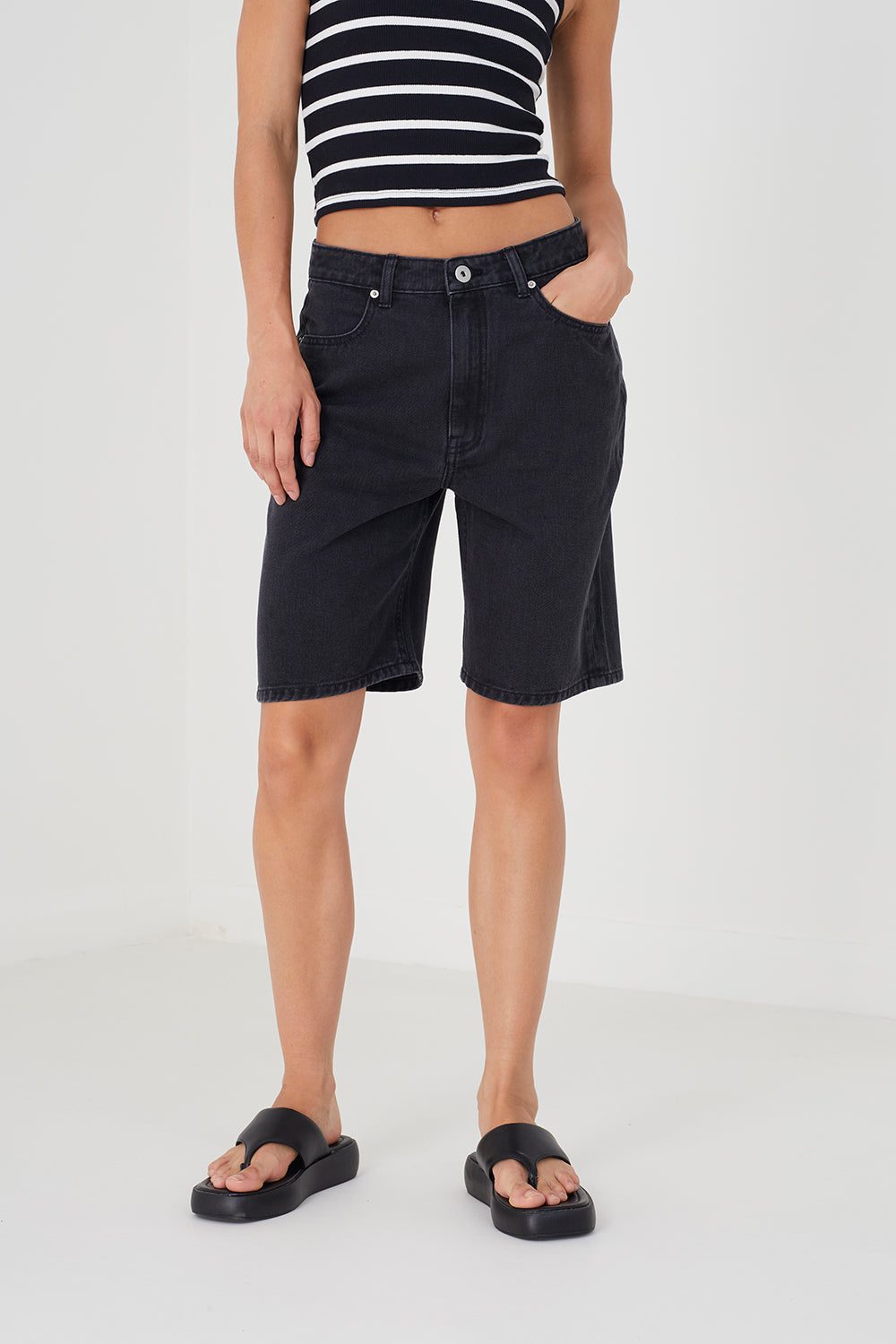Brave Soul Black Longline Denim Shorts - Black Image 1
