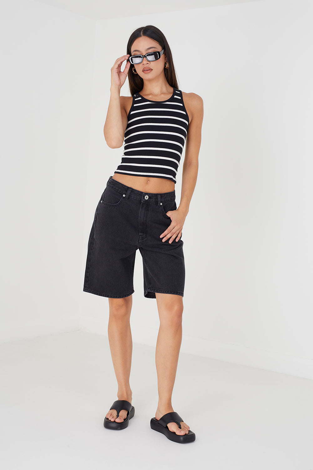 Brave Soul Black Longline Denim Shorts - Black Image 3