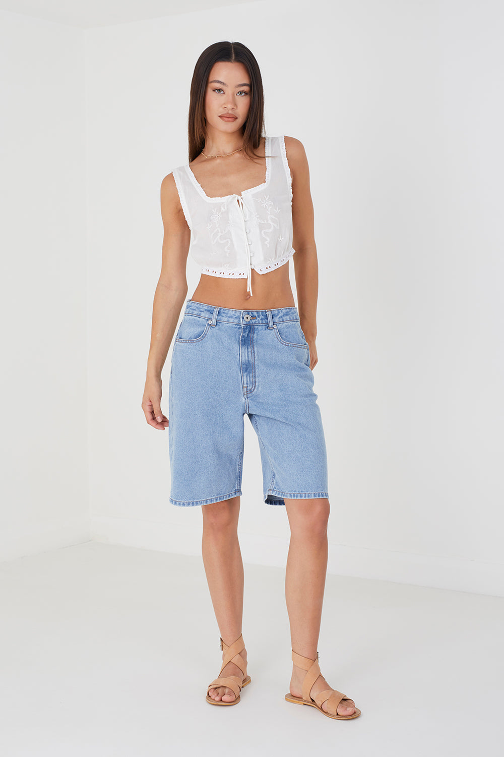 Brave Soul Mid Blue Longline Denim Shorts - Mid Blue Image 3