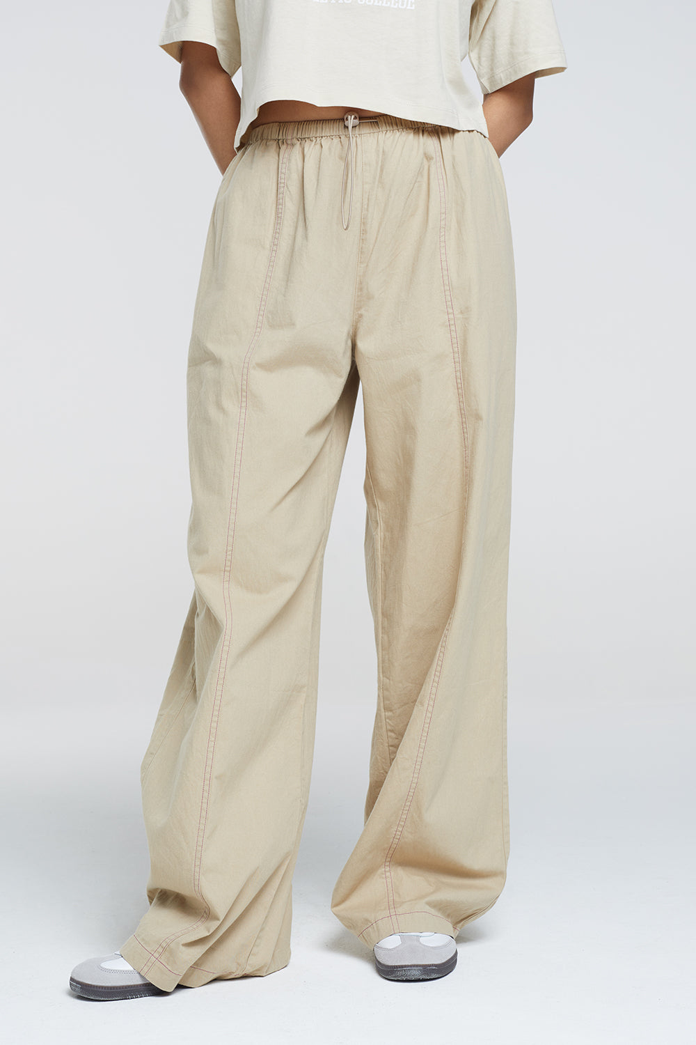 Brave Soul Stone Cotton Adjustable Elasticated Waist Trousers - Stone Image 1