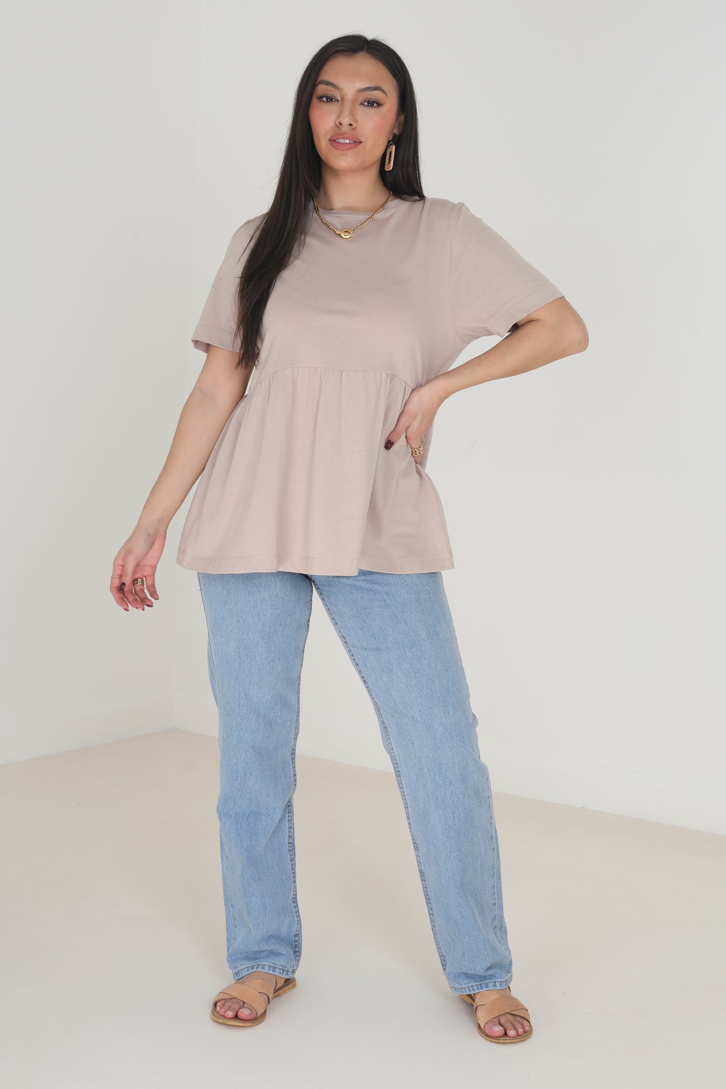 Brave Soul Taupe Smock Style Short Sleeve Top - Taupe Image 3
