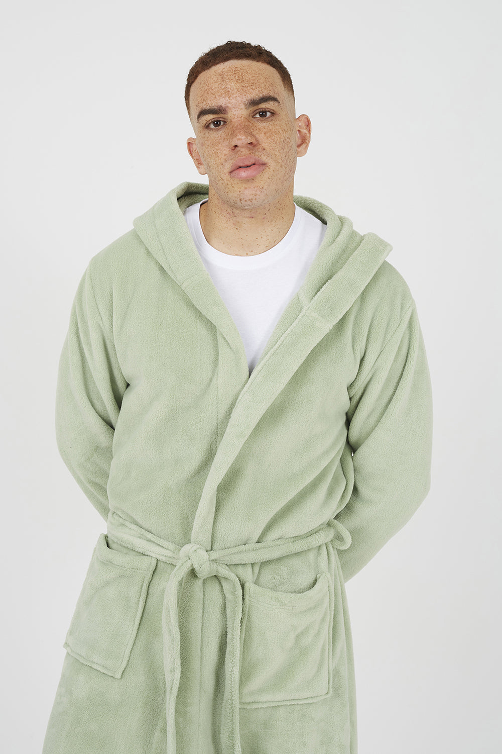 Brave Soul Pale Green Hooded Dressing Gown with Tie Belt - Pale Green Image 4