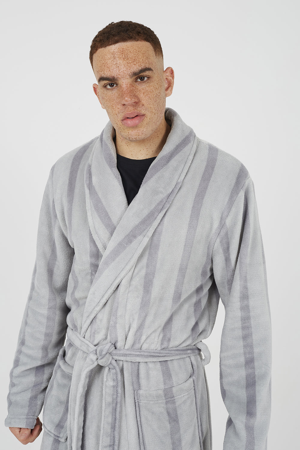 Brave Soul Grey Striped Long Length Sherpa Dressing Gown - Grey Image 4