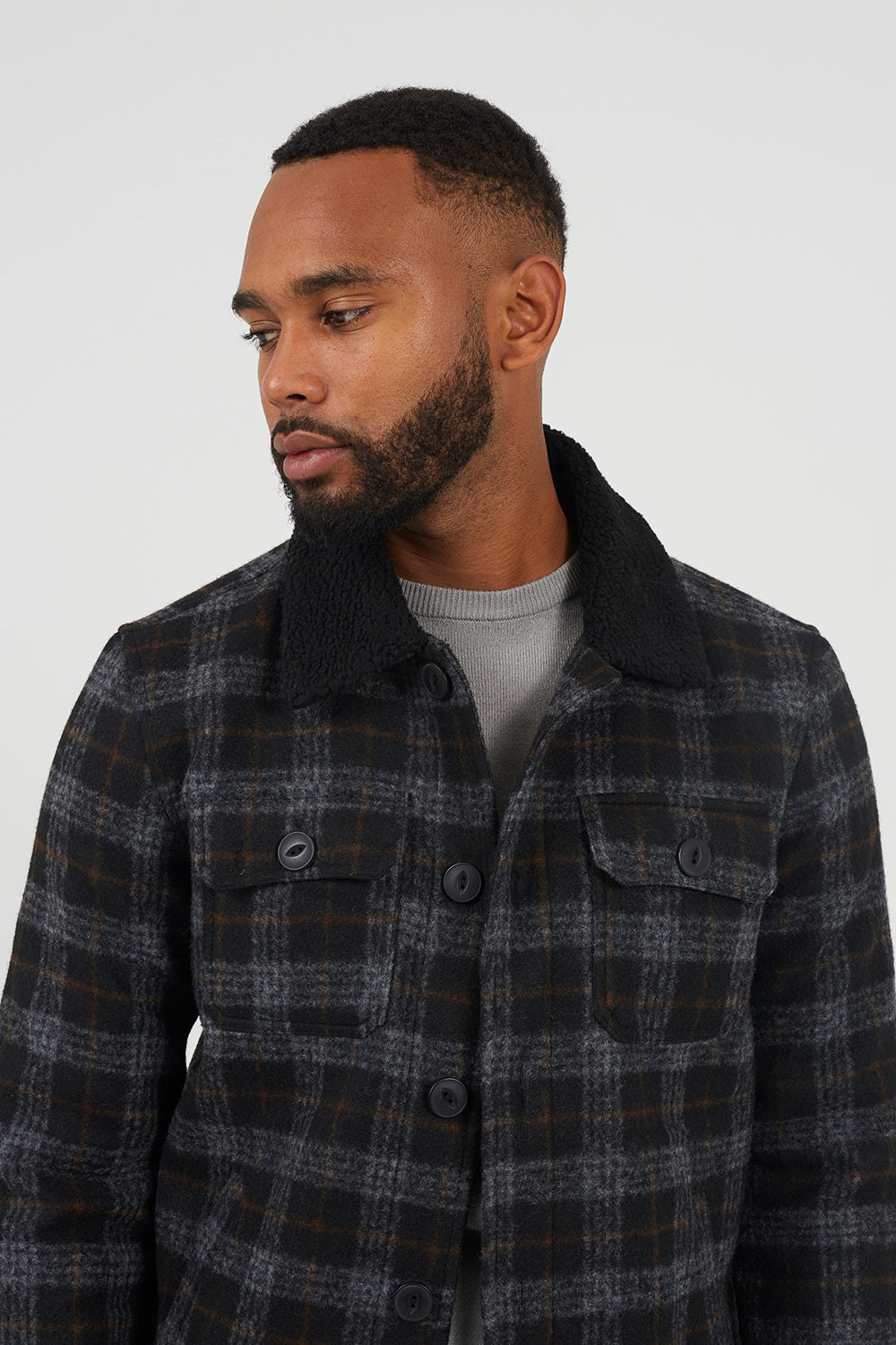 Brave Soul Black Checked Jacket with Sherpa Collar - Black Image 4