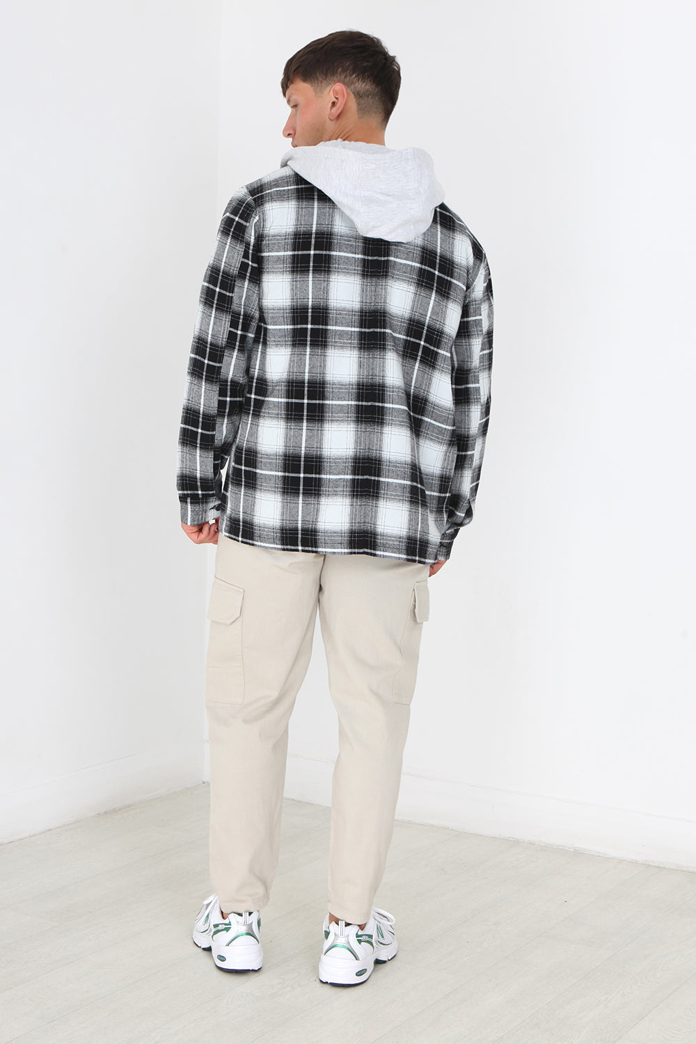 Brave Soul Black Checked Shacket With Jersey Hood - Black Image 3