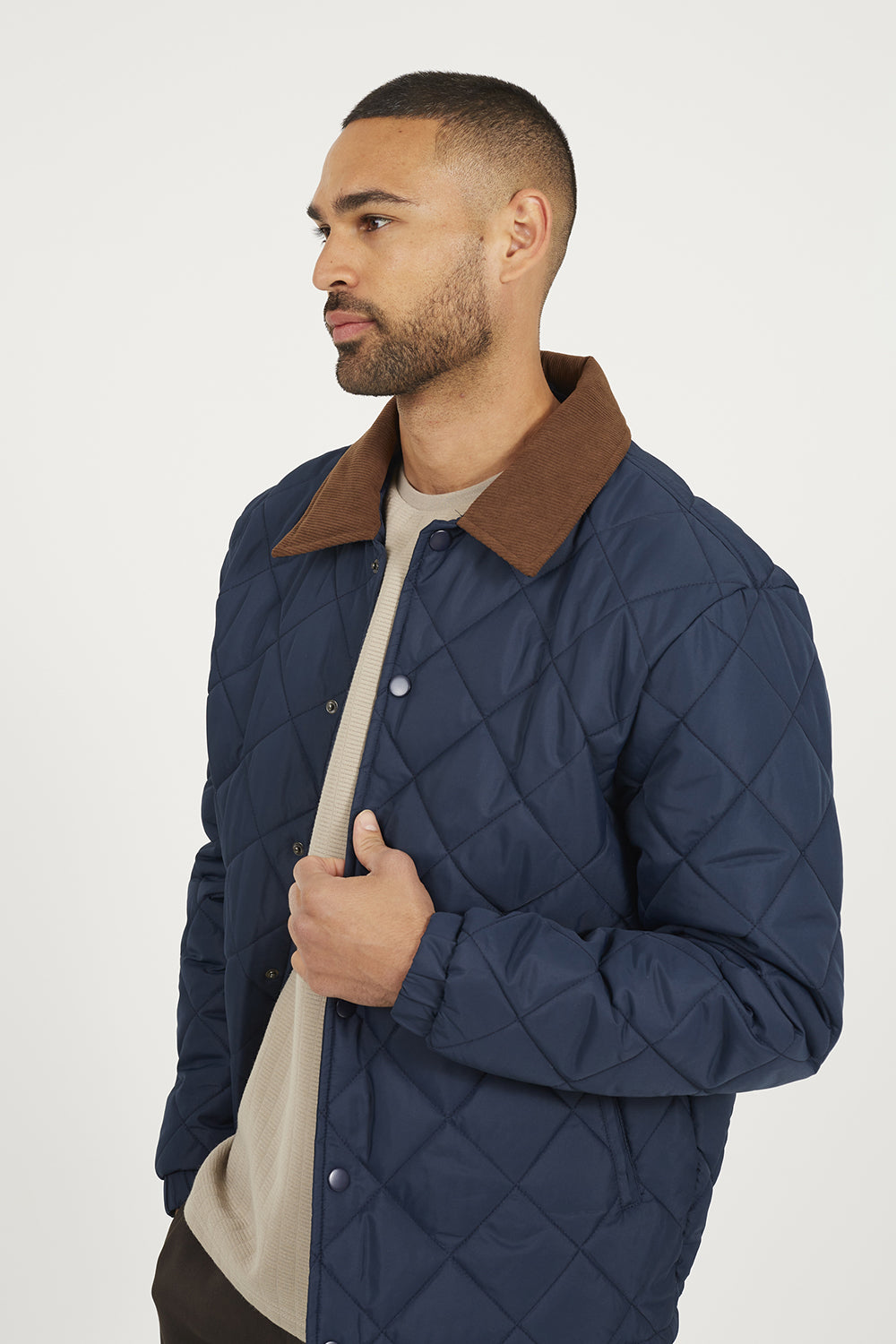 Brave Soul Navy Quilted Coach Jacket with Cord Collar - Navy Image 4