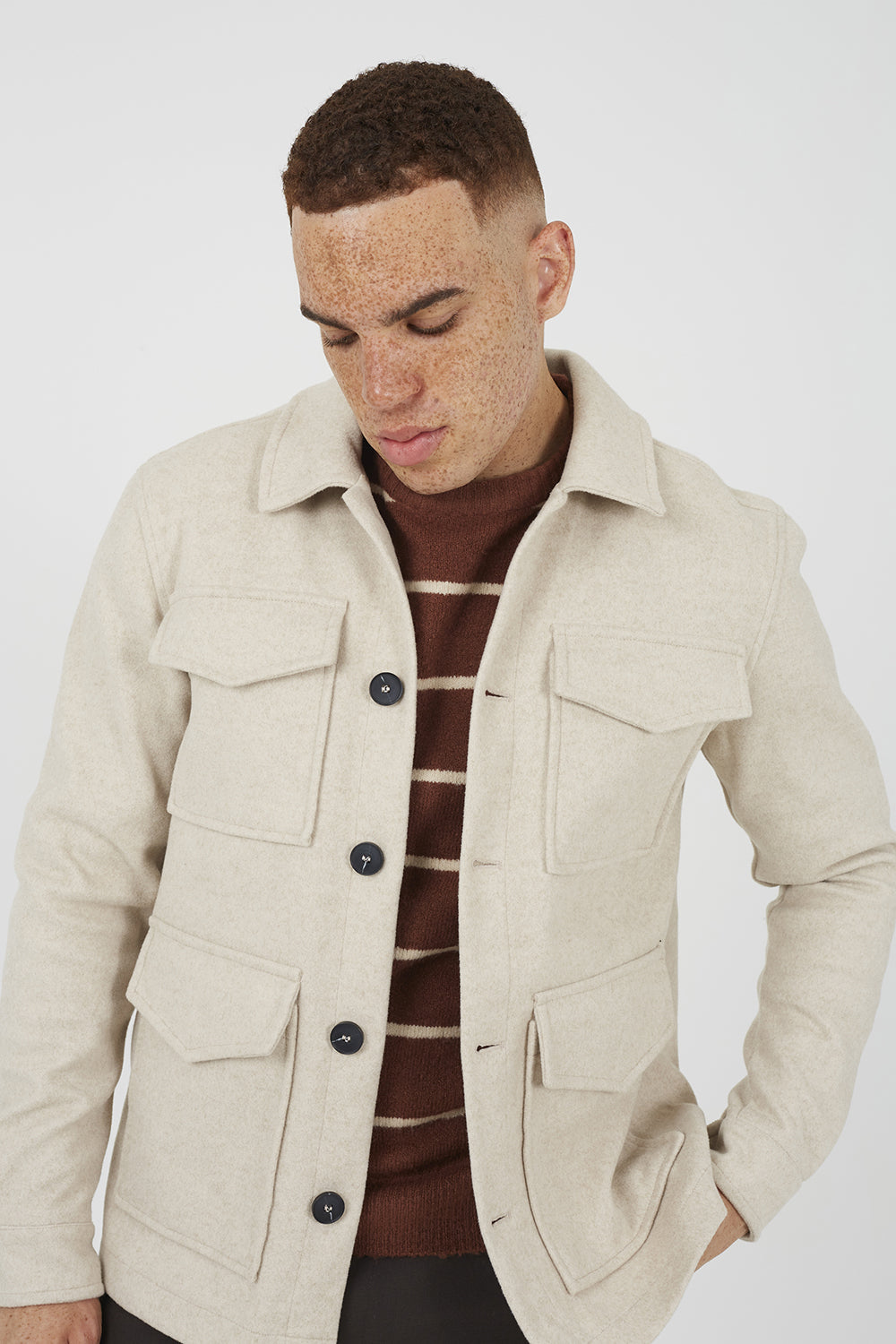 Brave Soul Stone Wool-Look Four Pocket Shacket - Stone Image 4