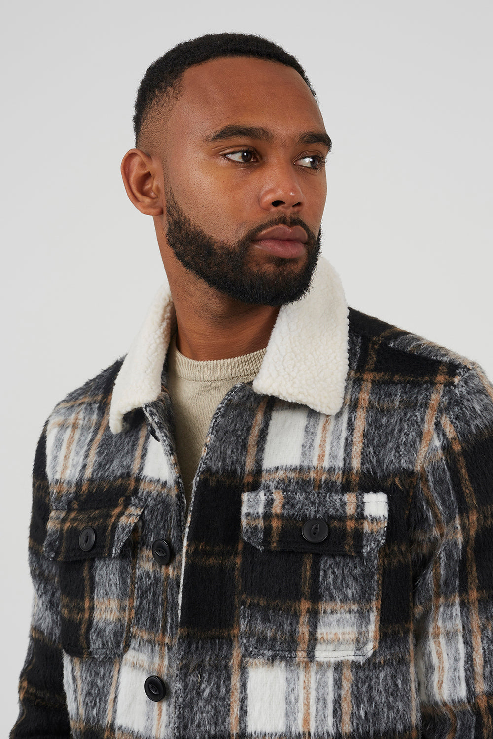 Brave Soul Black Brushed Check Jacket with Sherpa Collar - Black Image 4