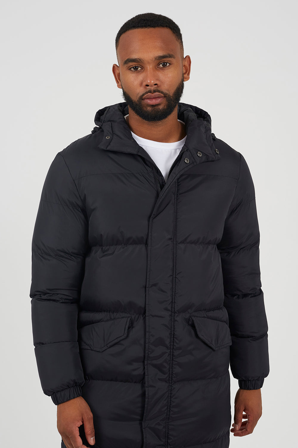 Brave Soul Black Long Length Hooded Padded Puffer Coat - Black Image 4