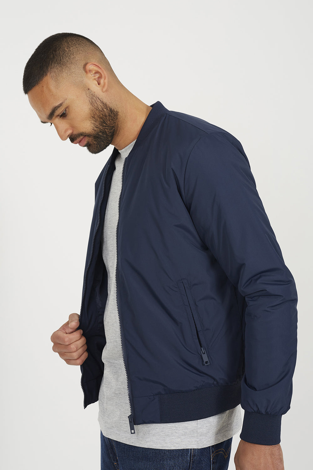Brave Soul Navy Collarless Bomber Zip-Up Jacket - Navy Image 4