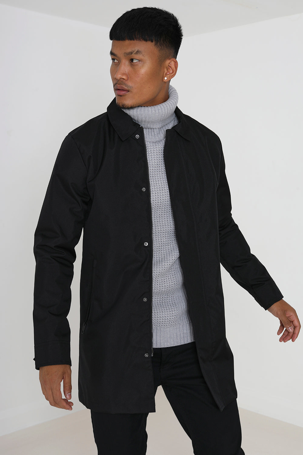Brave Soul Black Oxford Long Length Zip Through Mac - Black Image 4