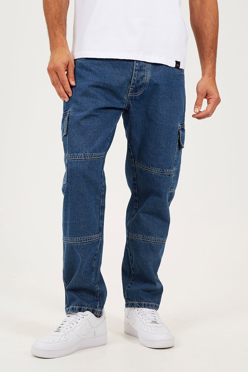 Brave Soul Mid Blue Loose Fit Cargo Style Denim Jeans - Mid Blue Image 5