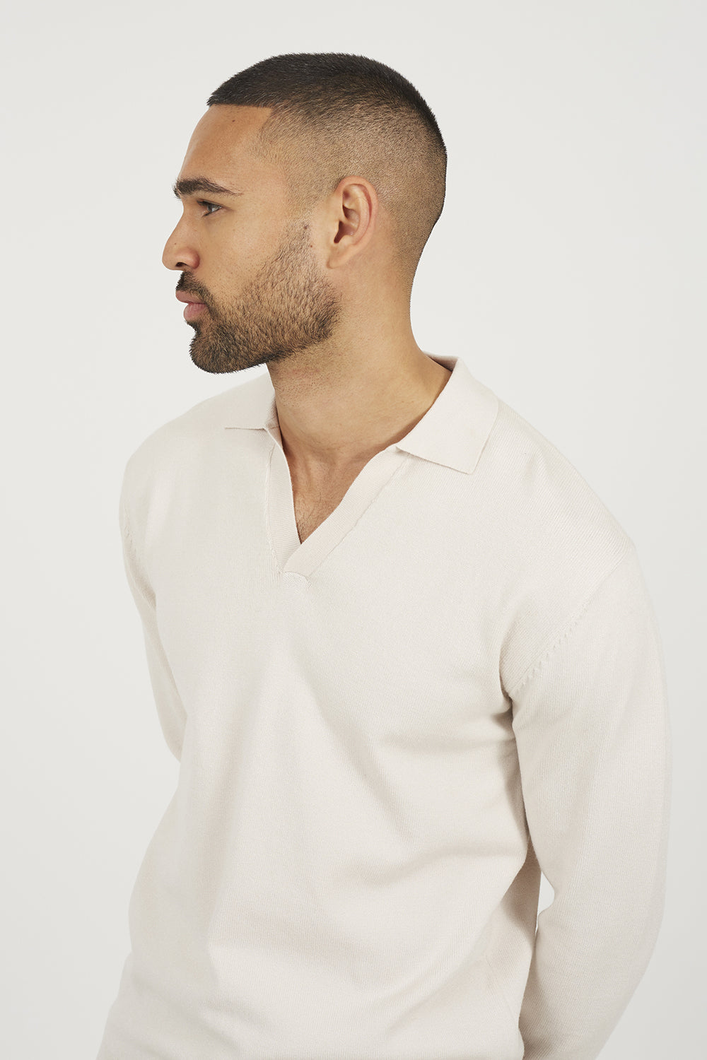 Brave Soul Cream Long Sleeve Trophy Neck Polo - Cream Image 4