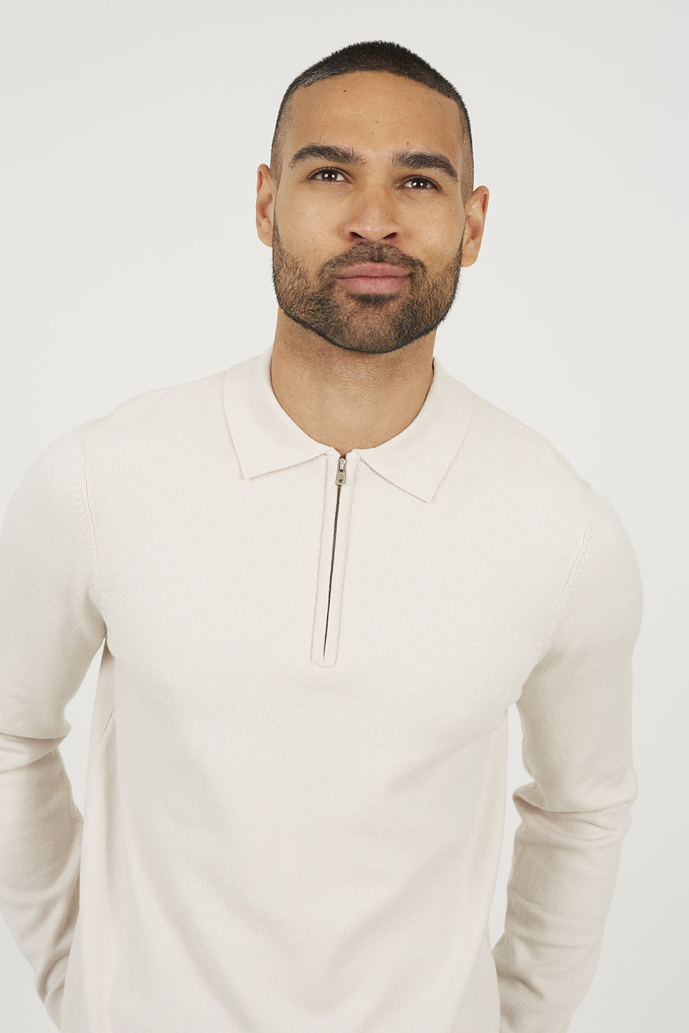Brave Soul Cream Long Sleeve Knitted Polo - Cream Image 4