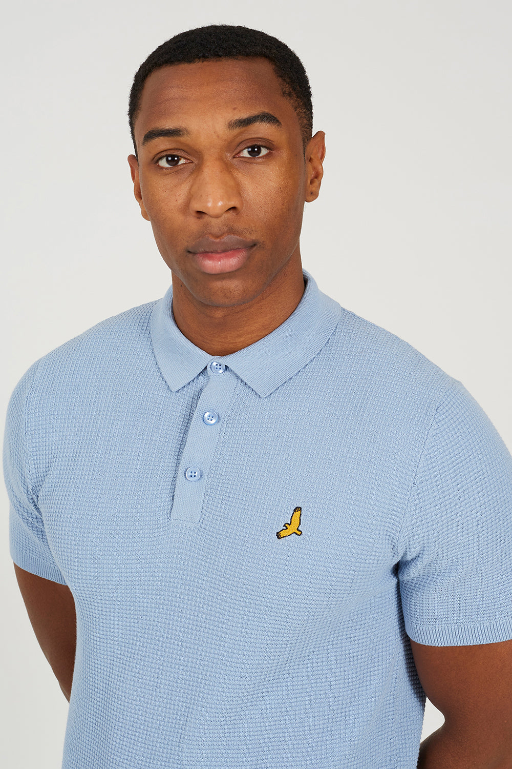 Brave Soul Light Blue Cotton Waffle Knit Embroidered Polo Shirt - Light Blue Image 4
