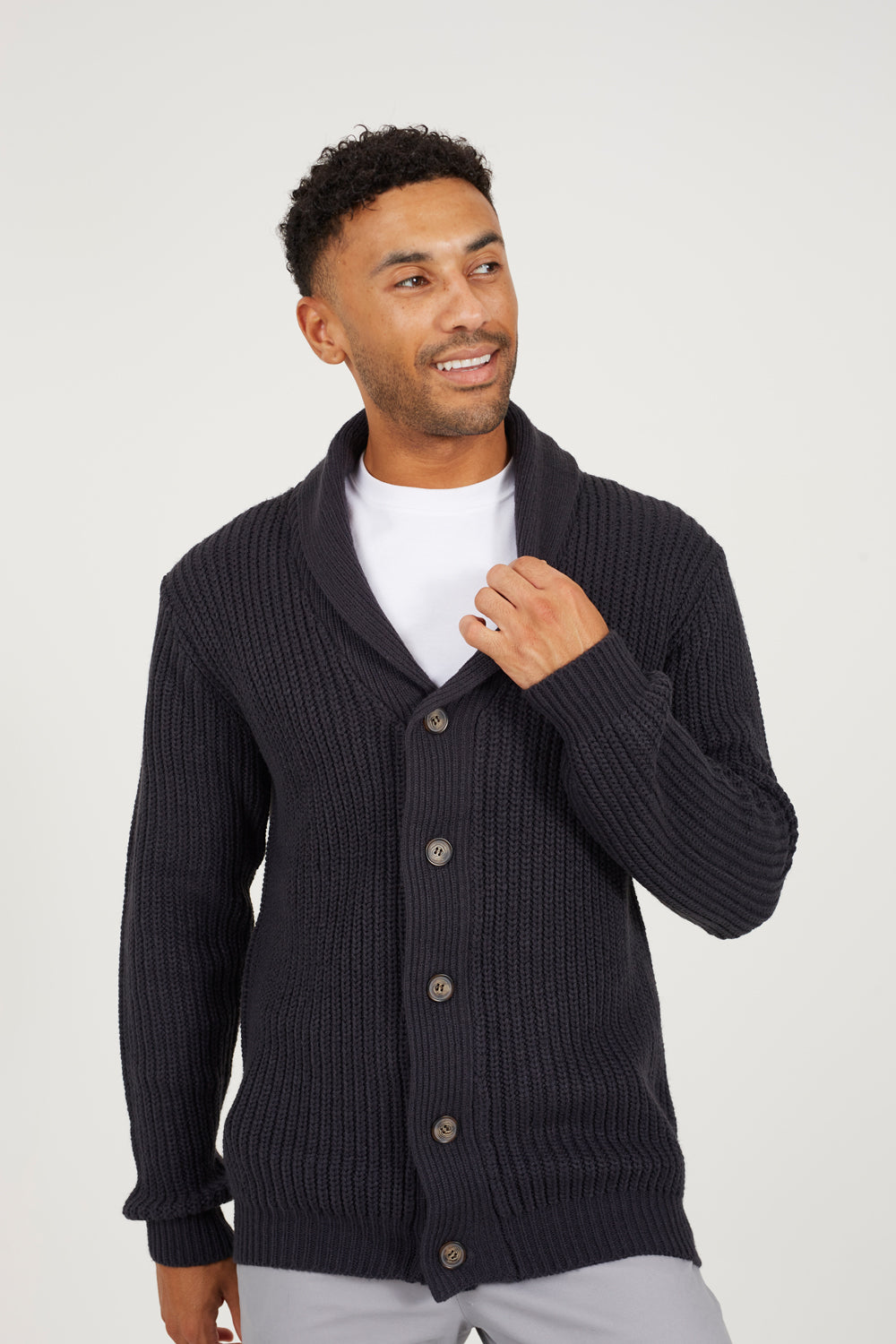 Brave Soul Navy Shawl Neck Chunky Knit Cardigan - Navy Image 4