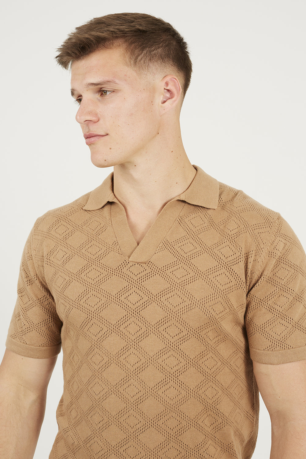 Brave Soul Light Tan Open Collar Knitted Polo Shirt - Light Tan Image 4