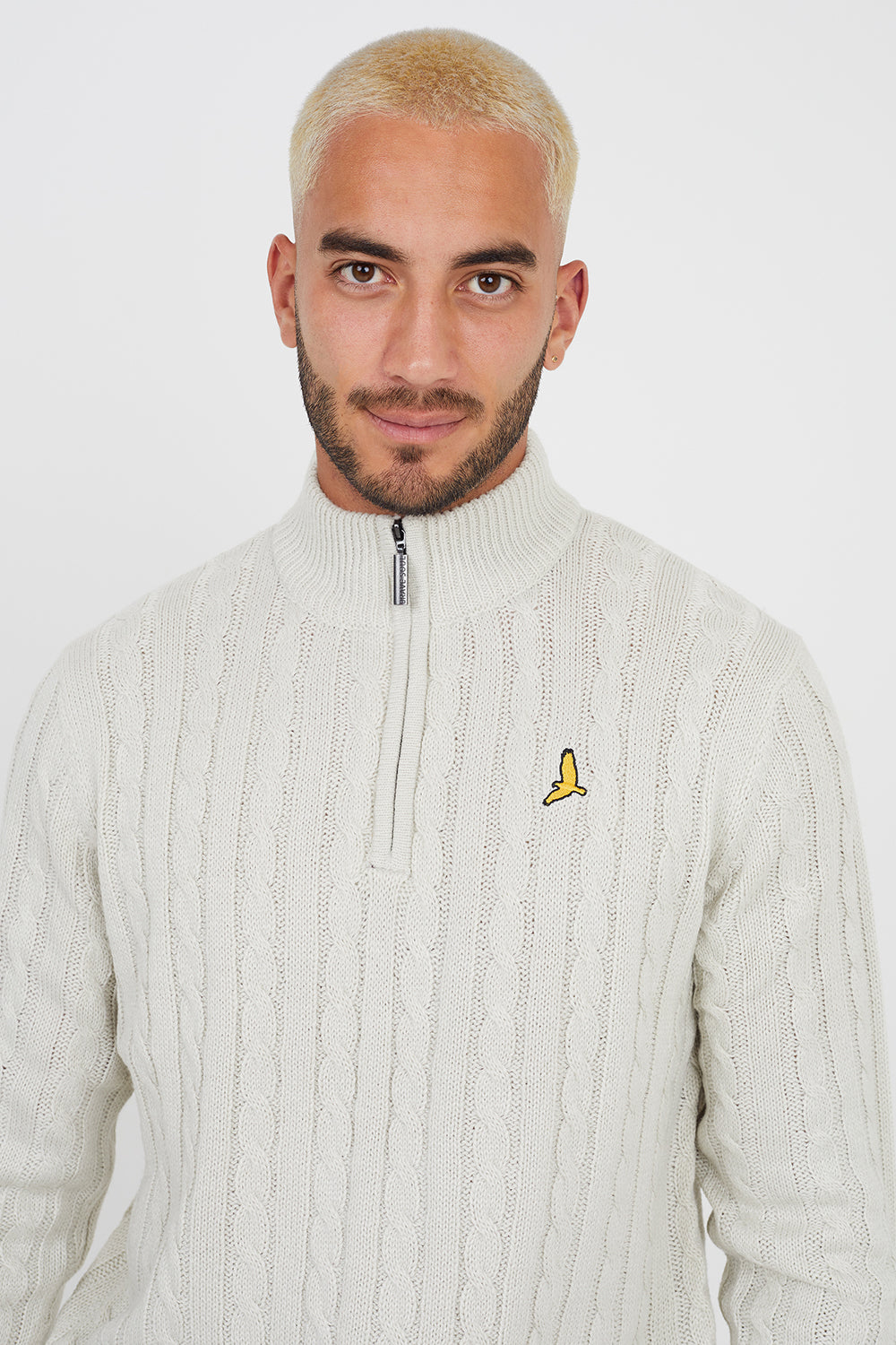 Brave Soul Light Beige Quarter Zip Neck Cable Knit Jumper - Light Beige Image 4