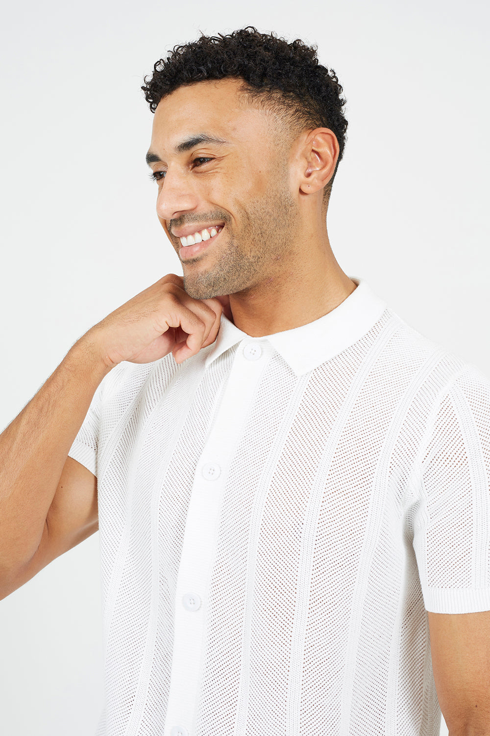 Brave Soul Ecru Knitted Stripe Short Sleeve Polo Shirt - Ecru Image 4