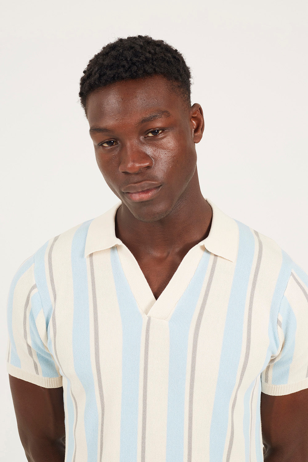 Brave Soul Cream Striped Trophy Neck Knitted Polo Shirt - Cream Image 4