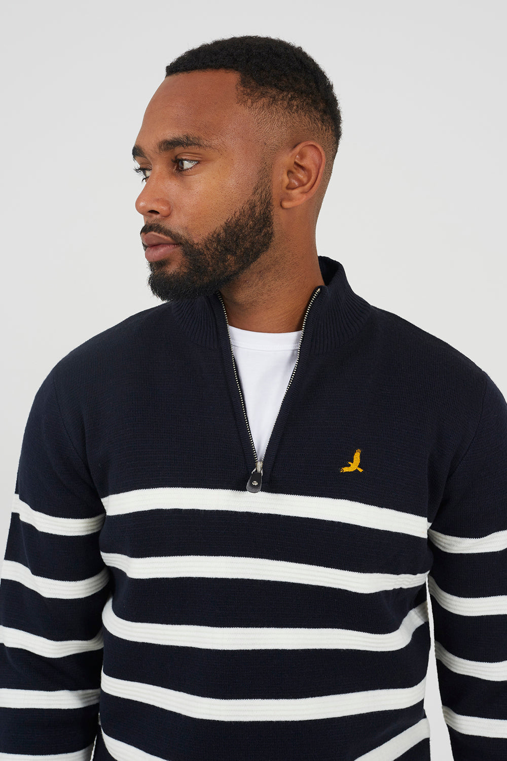 Brave Soul Navy Quarter Zip Stripe Knitted Jumper - Navy Image 4